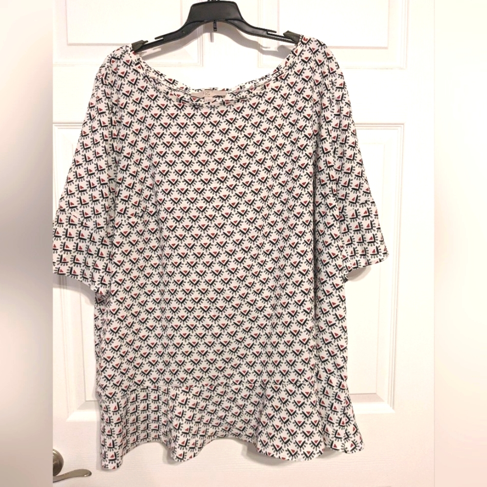 LOFT White Blouse with Black and Red Geometric Pattern